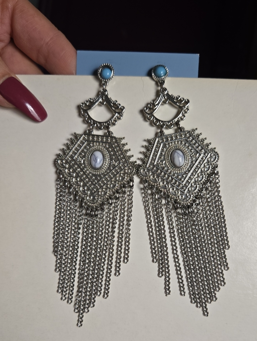 Vintage Silver Filigree Chandelier Earrings with Fuax Turquoise Studs - Picture 9 of 15